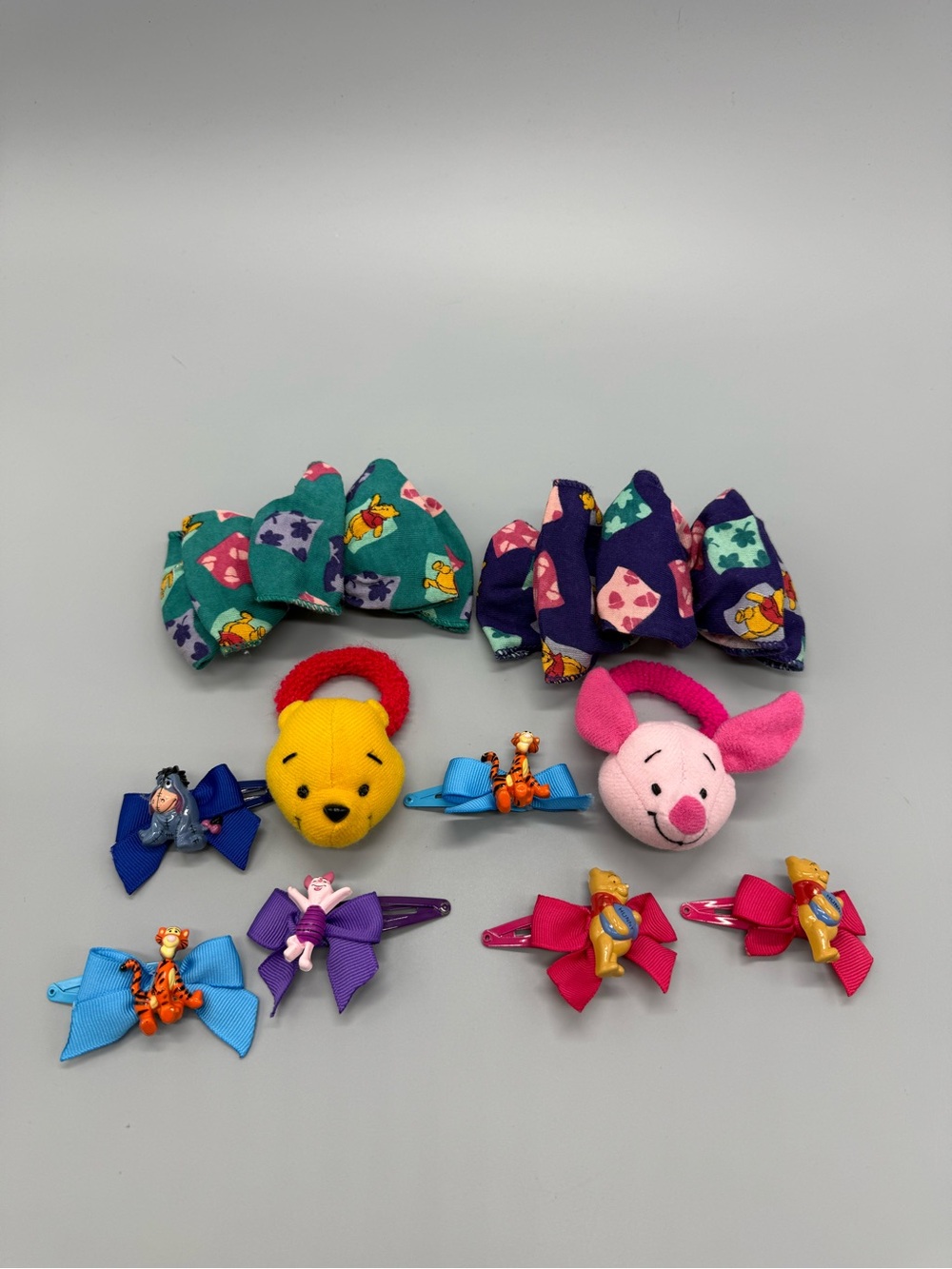 Vintage Winnie the Pooh Pink & Yellow Plush Hair Ties and Bow Clips Set for Kids